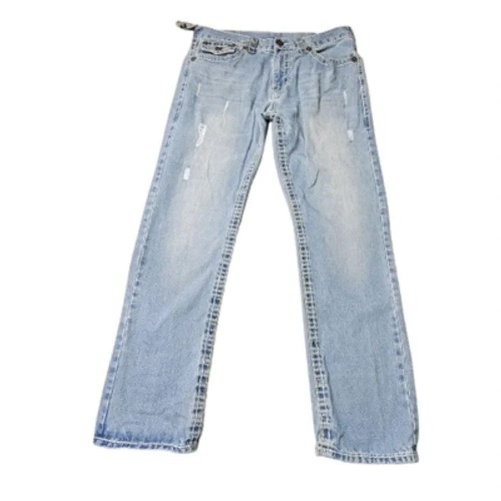 True Religion‎ Ricky Super T Jeans Mens 37x33 Blue Distressed Denim Made USA